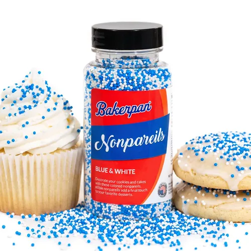 Vista 9 de Bakerpan Gránulos Jimmies azules y blancos - 4.3 onzas de gránulos para decorar pasteles - Gránulos azules comestibles para magdalenas, helados