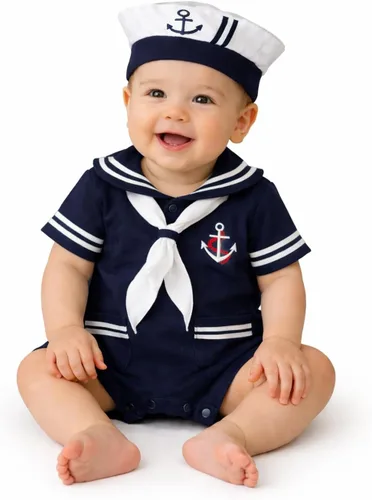 Vista 6 de stylesilove Mameluco de algodón marinero marino para bebé niño con sombrero y corbata 3 piezas traje de vacaciones Azul marino: manga larga.
