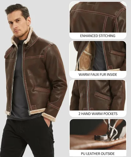 Vista 4 de HOTIME Chaqueta de bombardero de cosplay para hombre, disfraz de anime, cuello alto, abrigo de piel sintética (marrón, XS-3XL)