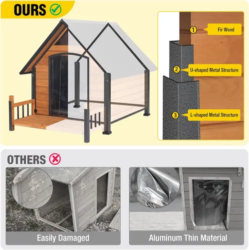 Vista 2 de Casa para perros al aire libre con forro aislante completo, resistente a la intemperie, refugio para cachorros, perrera para interiores, Marrón