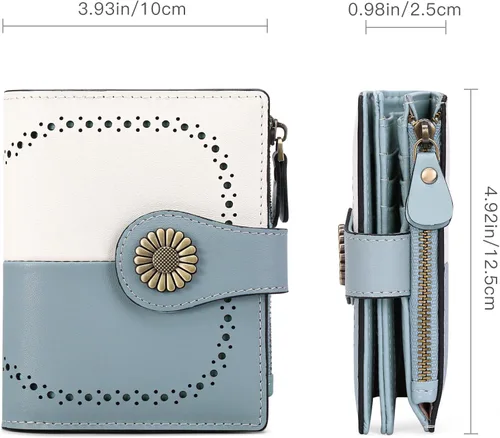Vista 3 de SENDEFN Cartera pequeña de cuero plegable para mujer, con bloqueo RFID y bolsillo para monedas con cremallera, 5-Azul y blanco, Cartera pequeña