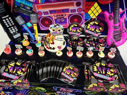 Vista 2 de HJINGY Decoraciones de fiesta de los años 90, el paquete de fiesta temática de los años 80 y 90 incluye gitar-inflable y teléfono móvil, pancarta