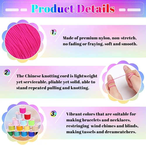 Vista 6 de Hilo de nailon para pulseras, Cridoz 20 rollos de cordón para nudos chinos, hilo de nailon para abalorios para kumihimo, pulseras trenzadas