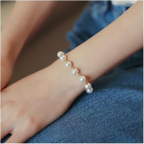 Vista 3 de Pulsera de perlas para mujer, pulsera deslizante ajustable dorada, pulsera de cadena delicada, regalo de dama de honor para niñas blancas, Sin gemas.