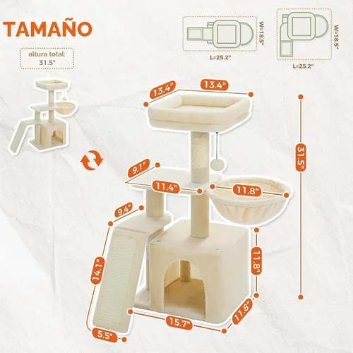 Vista 4 de PETEPELA Árbol de cactus para gatos y gatos pequeños, torre para gatos de Beige
