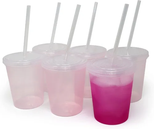 Vista 8 de Rolling Sands - Vasos de plástico reutilizables de 16 onzas con tapas, 6 unidades, hechos en EE. UU.; vasos y tapas de plástico, incluye 6 pajitas