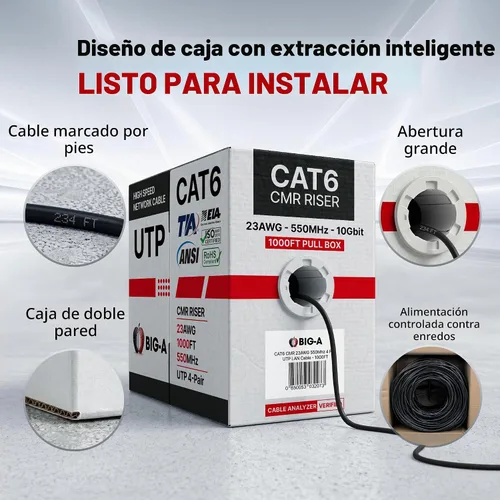 Vista 8 de Big-A Cable Ethernet Cat 6 de 1000 pies, negro, cable Cat6 a granel, elevador UTP CMR sólido de 23 AWG, cable LAN de Internet de red de 550 MHz