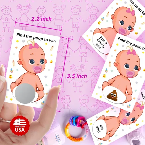 Vista 2 de RokAPary Baby Shower Girl Scratch Off Poop Game - Juego fácil de jugar, idea divertida, actividad rompehielos. Tarjetas de rifa, chupete rosa, juego