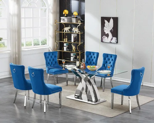 Vista 34 de Juego de mesa de comedor de cristal plateado moderno de 70 pulgadas para 4, juego de mesa de comedor rectangular de 5 piezas con patas de acero