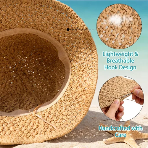 Vista 4 de Sombrero de playa para mujer, sombrero de paja para verano, protección UV, plegable, transpirable, estilo de ganchillo caqui (1pack-khaki)