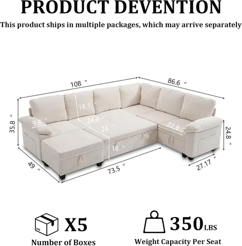 Vista 3 de 108" sofá seccional modular del durmiente, forma de L sacó el sofá cama con Beige