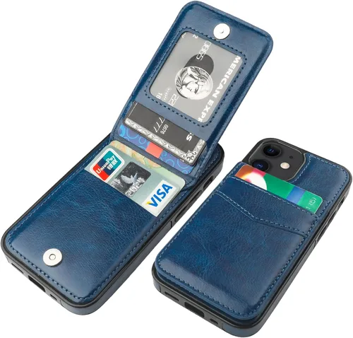 Vista 17 de KIHUWEY - Funda tipo cartera para iPhone 12 Mini, soporte para tarjetas, color negro Ranuras para tarjetas de crédito, piel sintética, cierre