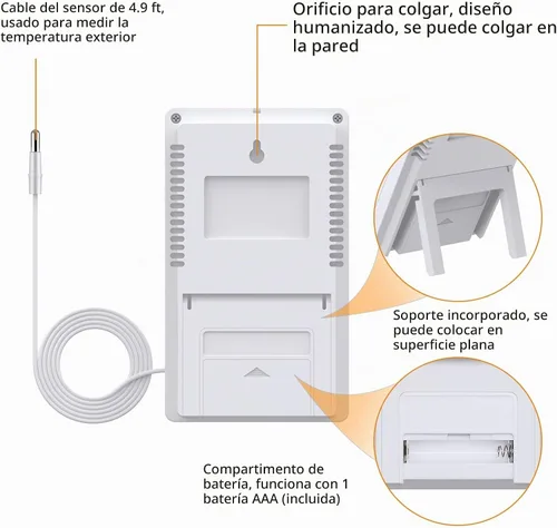 Vista 7 de Neoteck 2 en 1 termómetro higrómetro con reloj pantalla LCD 4.9 ft sensor cable ± 1°/5% High Accuracy Digital Humidity Temperature Meter with