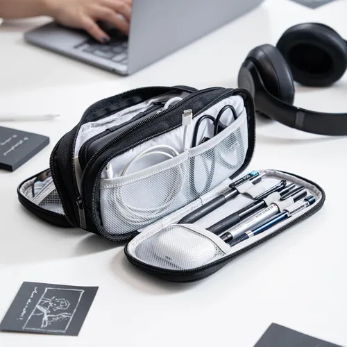 Vista 5 de Estuche grande para lápices, bolsa de gran capacidad con 4 compartimentos, múltiples bolsillos, bolsa de lápices portátil con cremallera Negro