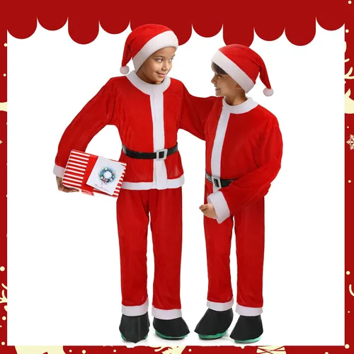 Vista 6 de Geyoga Bonitos trajes de Navidad que incluyen zapatos con sombrero y otros accesorios para cosplay de niños (estilo Santa, M)