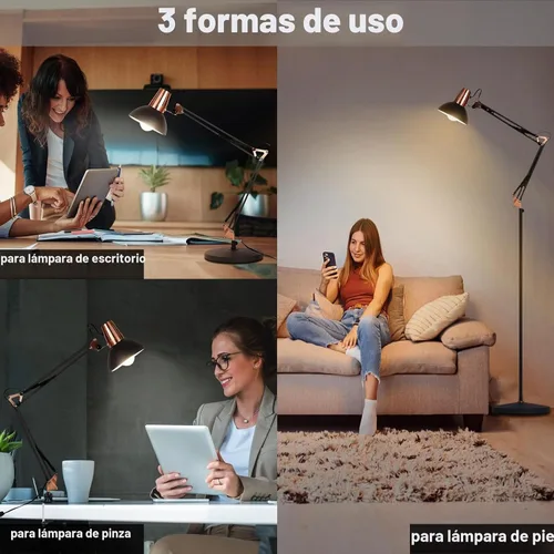 Vista 3 de Lámpara de pie LED FIRVRE, lámpara de pie giratoria vintage de metal, 3 modos de uso - lámpara de pie, lámpara de mesa y lámpara de clip, lámpara