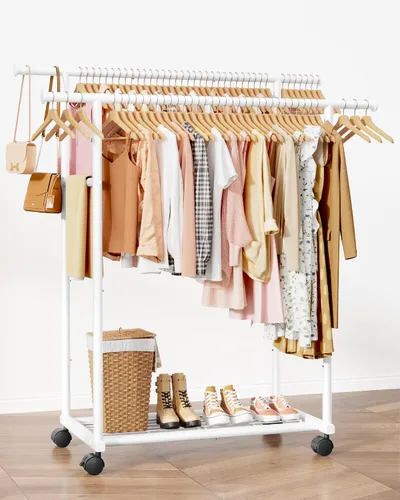 Vista 3 de Sakugi Clothes Rack on Wheels - Double Clothes Rail with Built-in Mesh Base, Robust Coat Stand for Bedroom, Laundry Room, Clothes Shop, 98 x 42 x