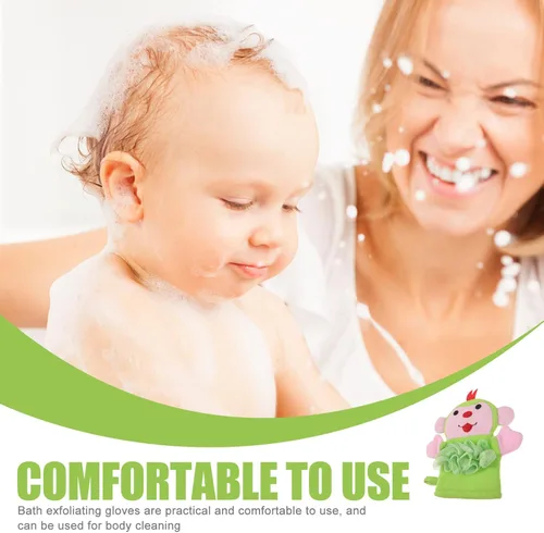 Vista 6 de LALAFINA 3 guantes de baño con bonito patrón de dibujos animados para niños y niñas, exfoliantes de ducha, suministros de baño ligeros y seguros