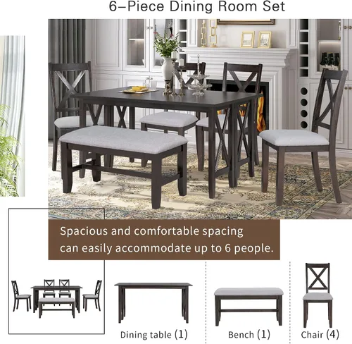 Vista 173 de Juego de mesa de comedor vintage de 6 piezas, juego de mesa de comedor de cocina de madera maciza con 4 sillas ergonómicas acolchadas y banco, mesa