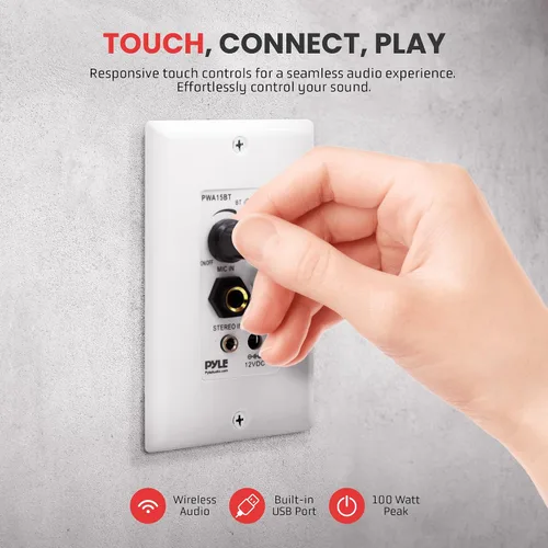 Vista 2 de Pyle Receptor BT Inalámbrico de Pared – Receptor de Control de Audio de 100W para Pared con Amplificador Integrado, Entradas USB/Micrófono/Aux