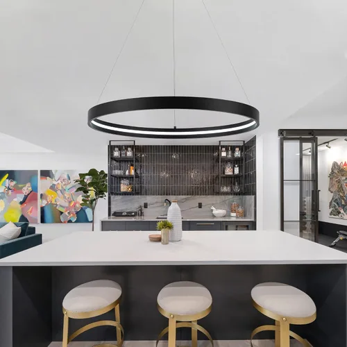 Vista 5 de Lámparas de araña LED modernas en negro, lámparas de araña LED contemporáneas regulables de 1 anillo, lámpara colgante LED moderna para sala