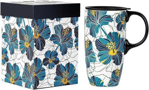 Vista 9 de Topadorn Taza de viaje de café de cerámica con caja de color y asa, taza de té de cerámica de 17 onzas para trabajo de oficina, tapa resistente a