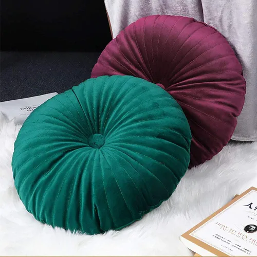 Vista 2 de Teieas - Almohada redonda de terciopelo plisada para decoración, cojín redondo para sofá, silla, cama, coche, burdeos