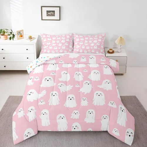 Vista 26 de Feelyou Juego de edredón de Halloween, color rosa fantasma, juego de ropa de cama tamaño individual, decoración para niños y niñas, lindo juego