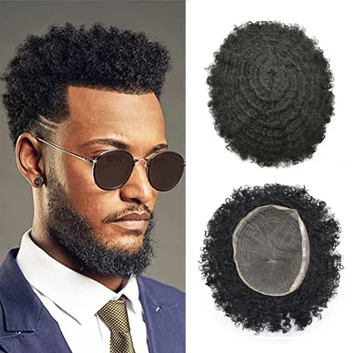 Vista 18 de Peluca de encaje suizo rizado afro para hombre, sistema de repuesto de peluca de encaje completo, extensiones duraderas de cabello humano #1 Negro