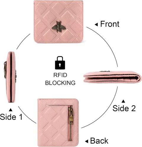 Vista 5 de Billetera para mujer, con bloqueo RFID, pequeña, compacta, plegable, de piel auténtica, con bolsillo, mini carteras para mujeres