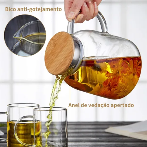 Vista 3 de Tetera grande de vidrio con infusor, apta para estufa, vidrio de borosilicato grueso resistente al calor, 68 onzas líquidas, hervidor de té
