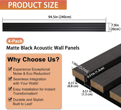 Vista 2 de QDYMXUN Paneles Acústicos de Pared de Listones de Madera, Paquete de 4 de 94.5'' x 7.9'' Panelería Acanalada 3D Absorbente de Sonido para Decoración