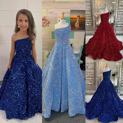 Vista 5 de Vestido de fiesta brillante con lentejuelas de un hombro, vestido de niña de flores para boda, princesa, vestido para niños pequeños