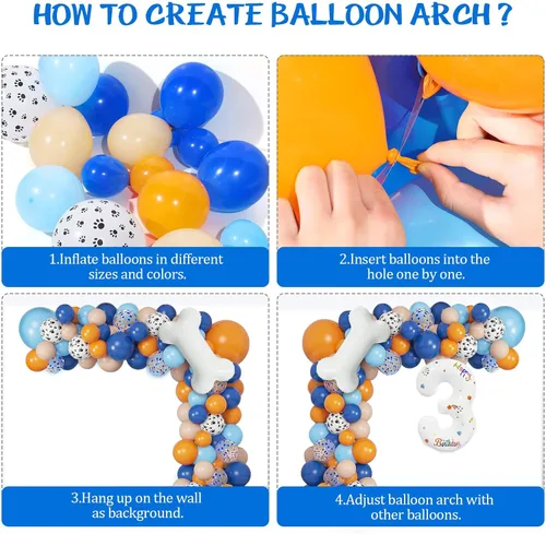 Vista 5 de Juego de 118 globos azules y naranjas de tercer cumpleaños, globos de pata de perro, suministros para fiestas de cumpleaños Blue3