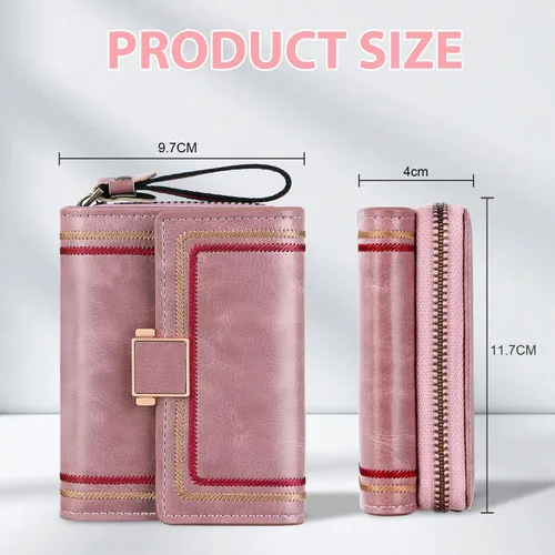 Vista 5 de GSG Cartera para mujer Cartera pequeña para mujer, tarjetero retro plegable para mujer, cartera compacta de cuero acordeón con bloqueo RFID