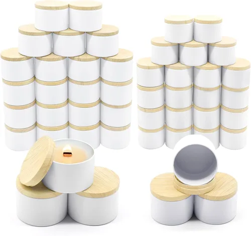 Vista 16 de Paquete de 12 tarros de velas, latas de velas de 4 onzas con tapas de impresión de grano de madera de metal, tarros de velas de metal vacíos