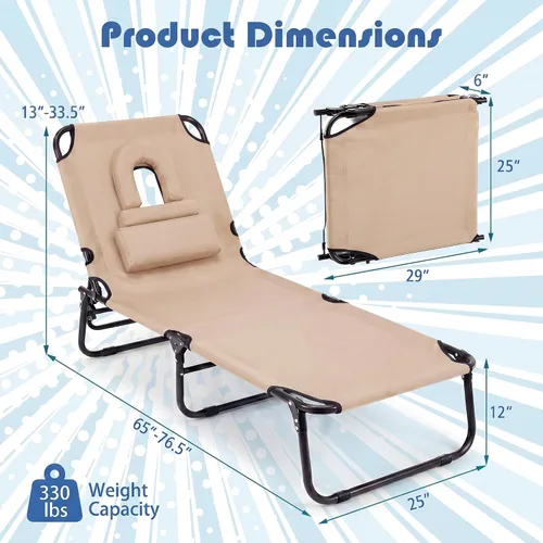Vista 3 de Goplus Silla bronceadora, silla de playa plegable con orificio para la cara, almohada extraíble, capacidad de 350 libras, correa de transporte