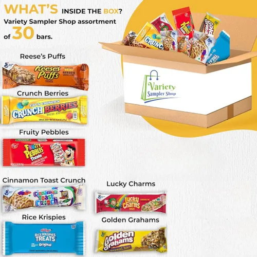 Vista 4 de Paquete variado de barras de cereales, caja de aperitivos de comida para el desayuno, 30 barras de granola envueltas individualmente, amuletos
