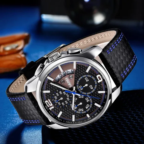 Vista 5 de SKMEI Men Watches Black Leather Band Sports Large Big Face Luxury Waterproof Luminous Fashion Dress Casual Analog Quartz Chronograph Father Gifts