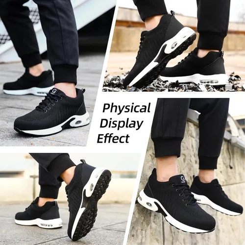Vista 6 de GLANOUDUN Zapatos de punta de acero para hombre, zapatos de trabajo negros, zapatos de seguridad ligeros para hombres, zapatos de seguridad