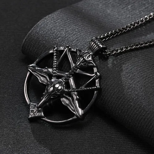 Vista 3 de Collar de pentagrama invertido de Satanás Colgante de calavera de cabeza de cabra baphomet de acero inoxidable, joyería satánica de cabra