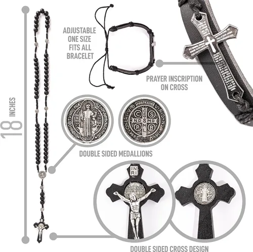 Vista 2 de MAZUNDA Cuentas de rosario, perfectas para hombres y grandes mujeres católicas con medalla de San Benito, pulseras de cruz de cuero de cortesía
