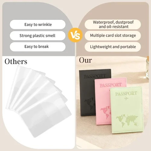 Vista 6 de 3 soportes para pasaporte para viajes, funda de pasaporte familiar, soporte para libro de pasaporte con rosa, negro y verde para tarjeta de crédito