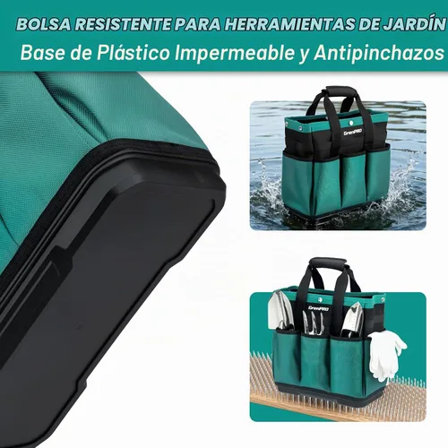 Vista 6 de GrenPRO Bolsa de herramientas de jardín con parte inferior moldeada, caja de herramientas resistente con 10 bolsillos, cierre reforzado y superior a