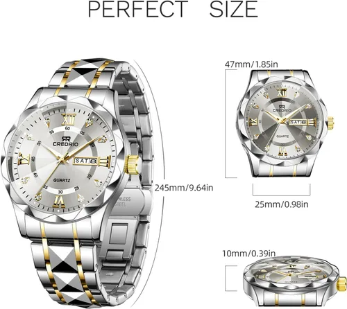 Vista 3 de Watch for Men Stainless Steel Waterproof Diamond Business Dress Analog Quartz Luminous Date Two Tone Luxury Casual Wrist Watch