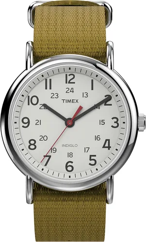 Vista 13 de Timex Weekender 38mm Unisex Analog Watch INDIGLO Backlight Adjustable Durable Nylon Fabric Slip Through Strap 24 Hour Time