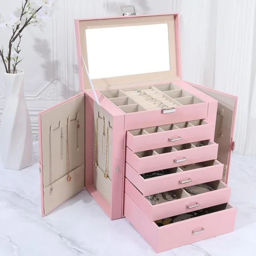 Vista 7 de ASINGYER Joyero para mujer, organizador grande de 6 capas con cerradura y 5 cajones para almacenamiento de joyas, joyero grande para regalo