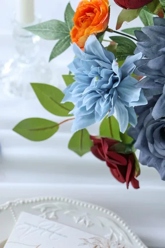 Vista 6 de Paquete combinado de flores artificiales burdeos, arreglo combinado de flores de boda azul marino y burdeos para ramos de boda, arreglos combinados