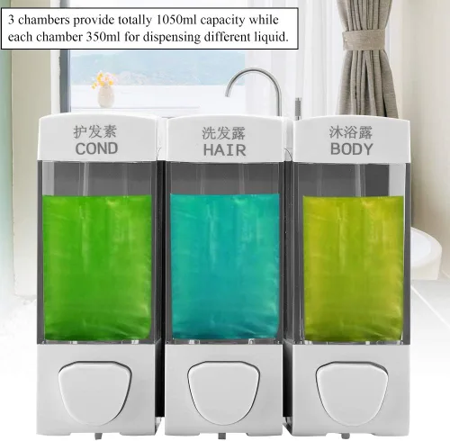 Vista 2 de Oumefar Dispensador de 3 cámaras y ducha montado en la pared, loción líquida, dispensador de champú manual, dispensador de ducha, 3 cámaras, sin