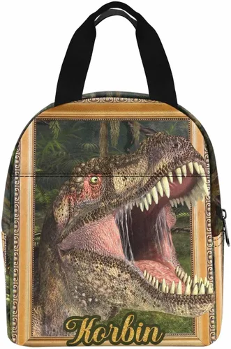 Vista 2 de InterestPrint Bolsa de almuerzo personalizada de mamá papá, bolso de picnic con cremallera de bosque con marco dorado personalizado reutilizable